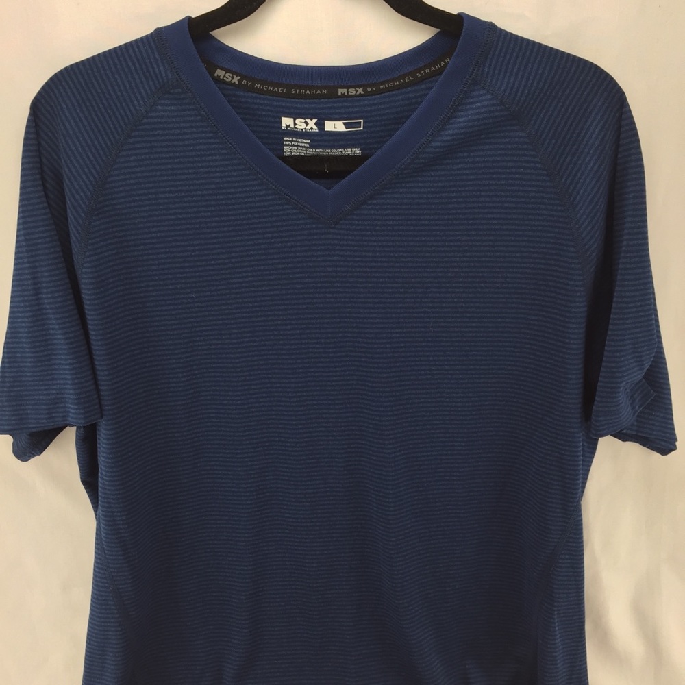 MSX Michael Stratton Mens L Short Sleeve V-Neck Blue Black Stripes Golf
